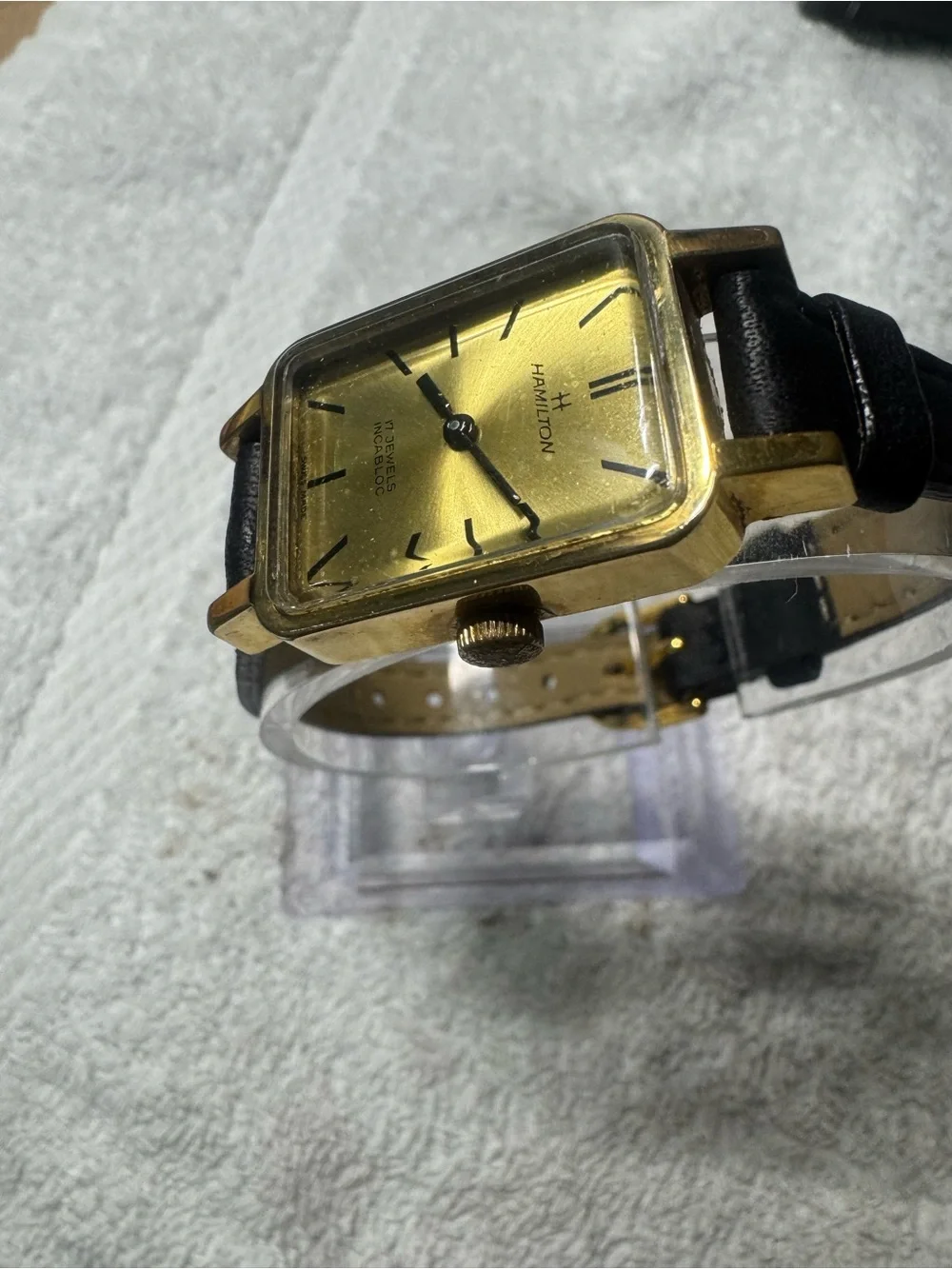 #080 Hamilton Gold-Tone Rectangular Dress Watch with Black Strap